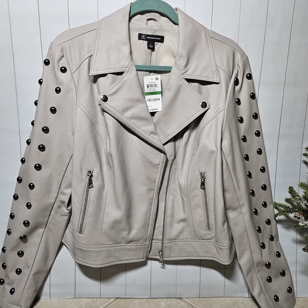 INC International Concepts Light Gray Studded Vegan Leather Jacket